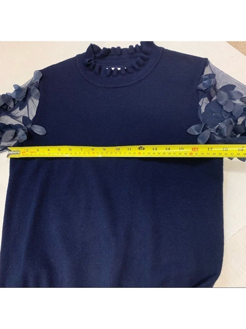 WILD Flower navy Leaf Mesh Sleeves Jumper Sz XS - Picture 11 of 12